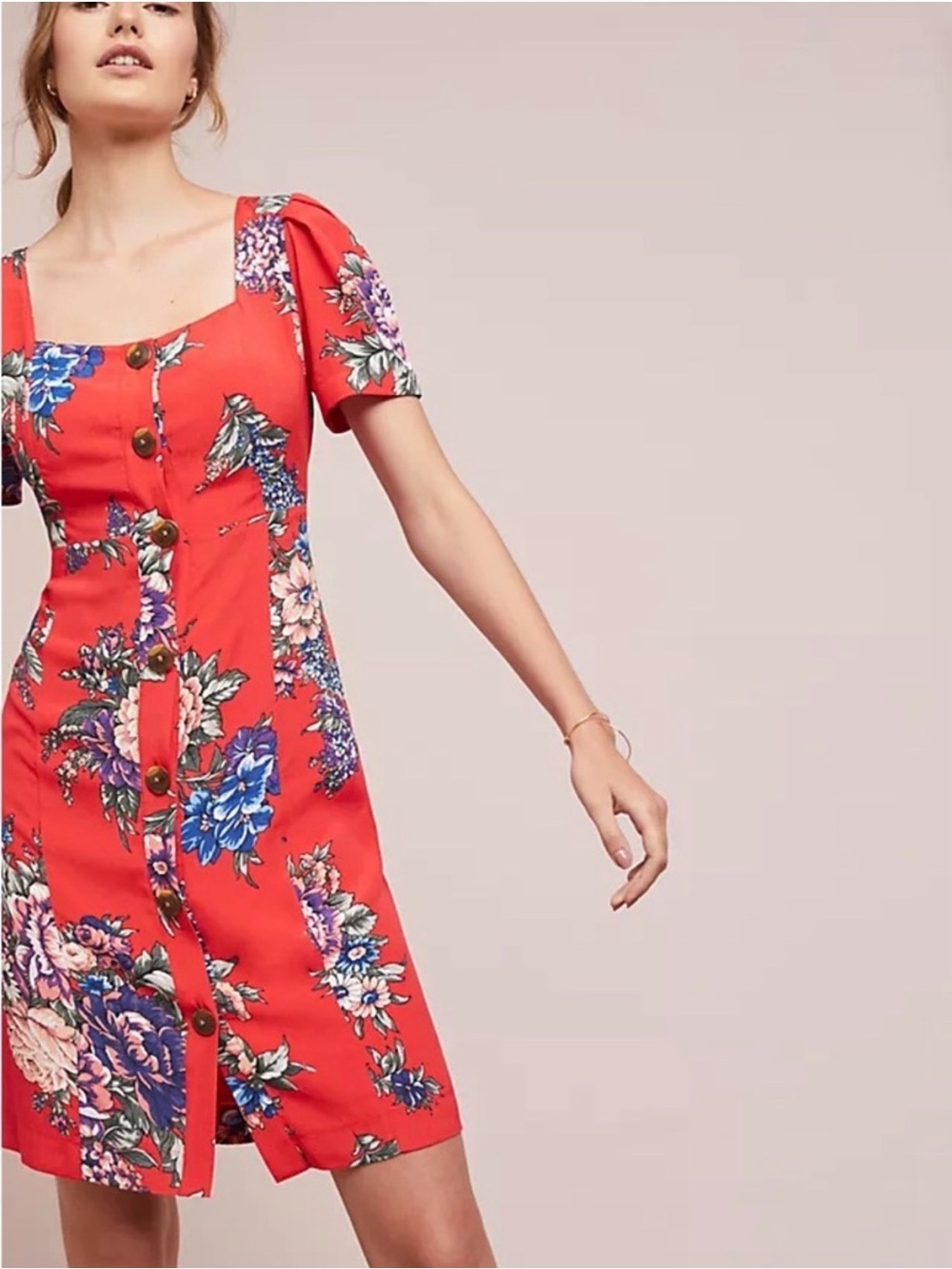 NWT Anthropologie Red Floral Mini Dress with Puff Sleeves